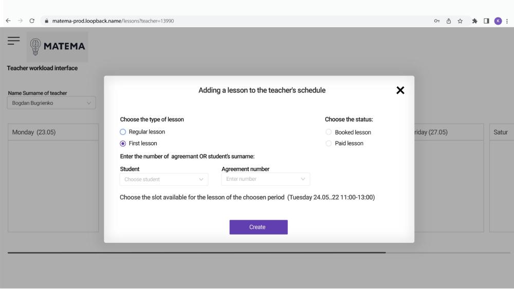 Adding the lesson to the timetable of “Matema” platform _ screen